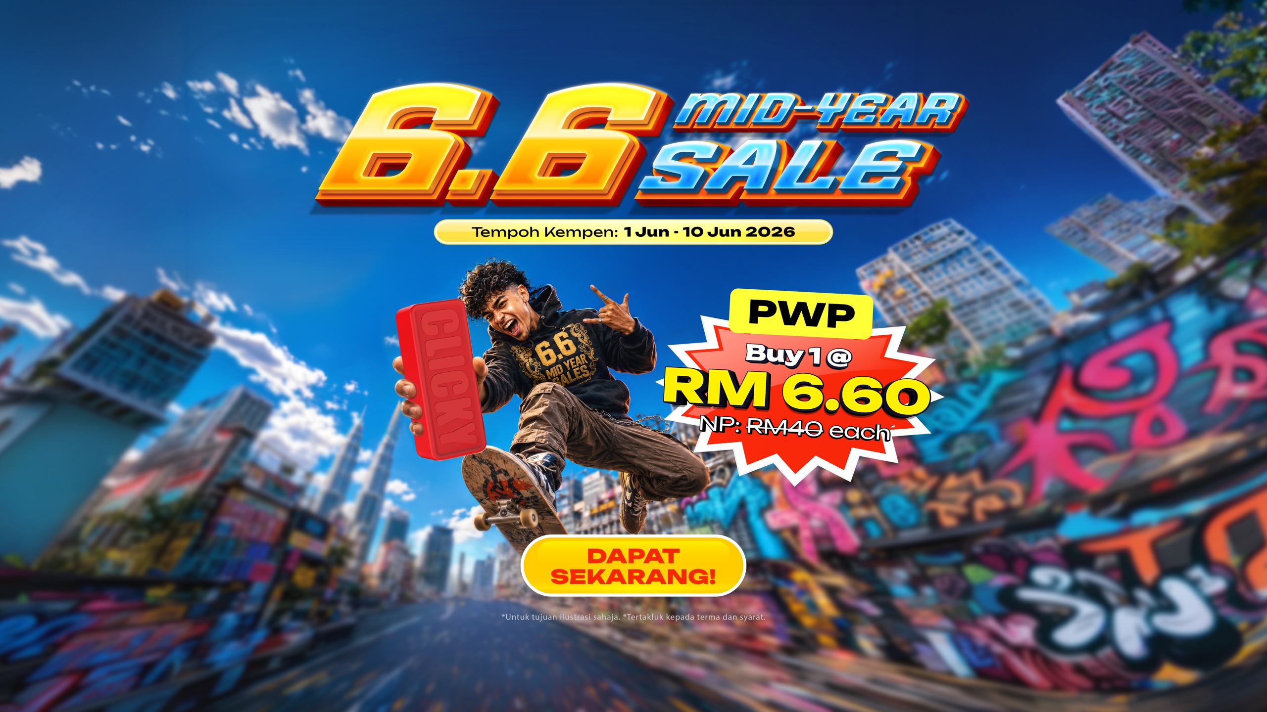 Jualan Pertengahan Tahun Clicky 6.6. PWP beli satu pada RM6.60, kempen dari 1 Jun hingga 10 Jun 2026.